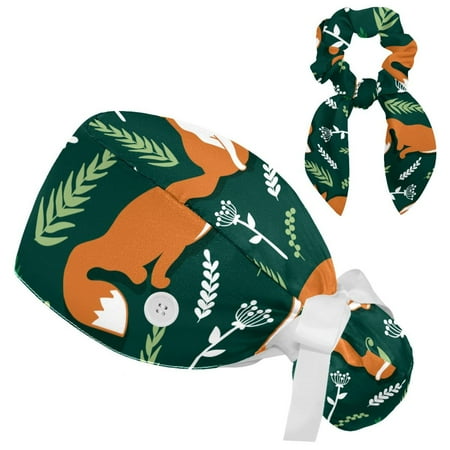 

Working Cap with Buttons and Sweatband Scrub Hat Bouffant Caps with Scrunchie Fox Tie Back Hats