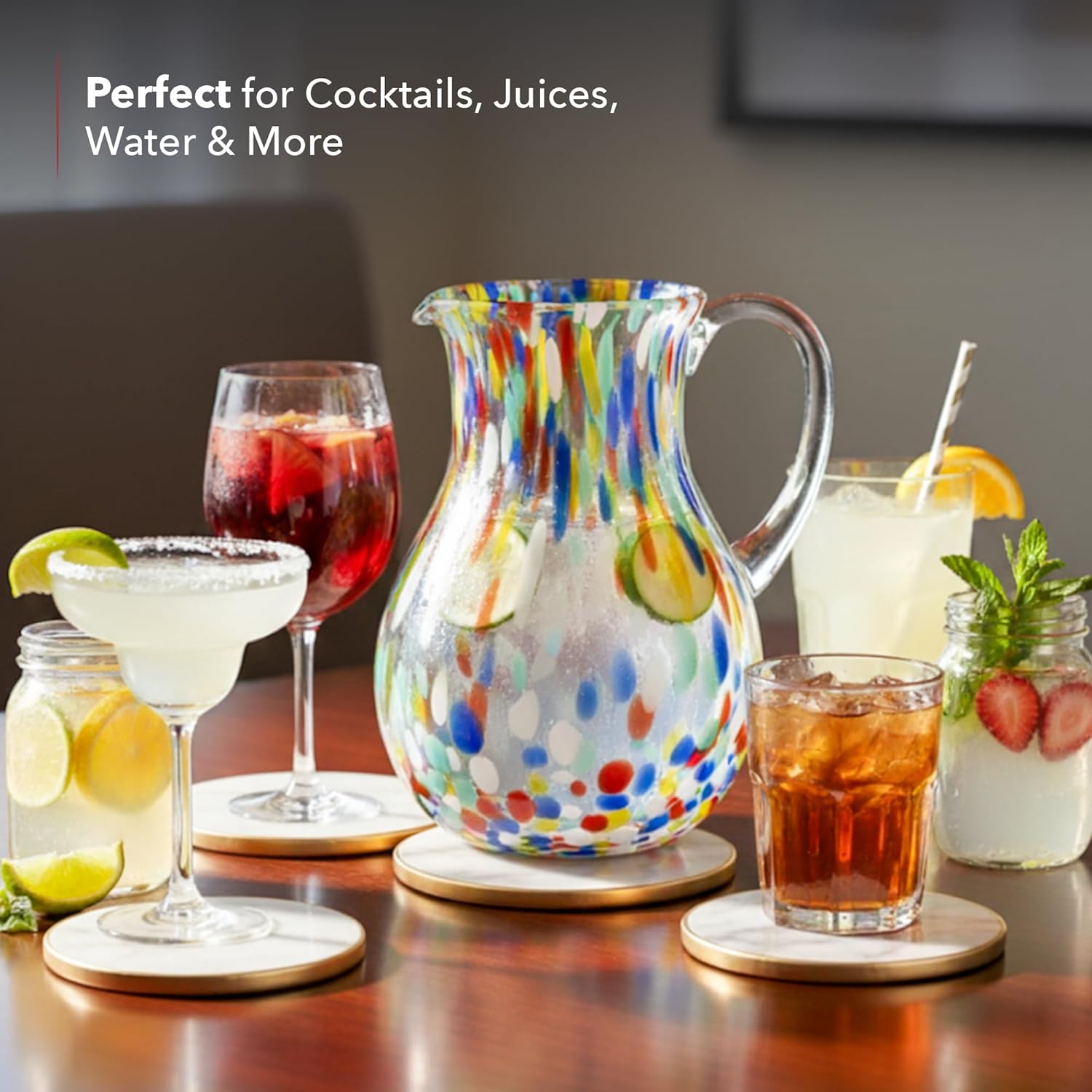 OVENTE Hand Blown Margarita Glass Pitcher with 2.5 Liter (84Oz) Capacity, Confetti Design and Sturdy Handle, Vibrant Beverage Carafe for House Party, Festivity and Family Gathering, Multicolor MGP84M
