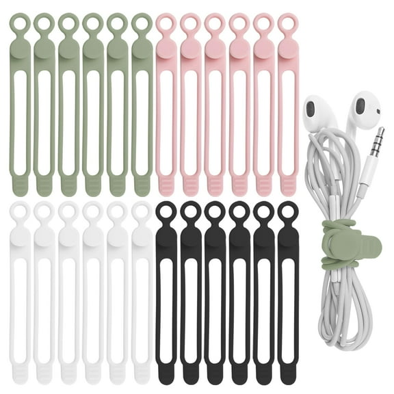 Genreen 24Pcs Silicone Cable Straps Cord Organizer for Bundling Earphone, Phone Charger, Computer Cords, Reusable Cable Ties Wire Organizer in Home,Office,Kitchen,School (4 Colors)