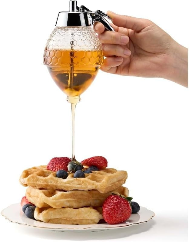 8fl oz Honey Dispenser with Stand – No-Drip Chrome-Plated ABS Lid, Honeycomb Design Jar for Honey, Maple Syrup