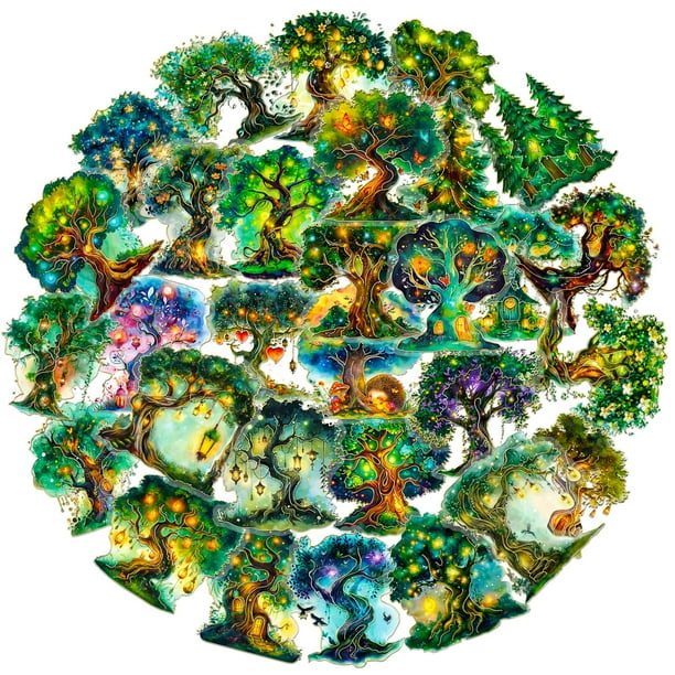 Pegatinas holográficas con forma de árbol mágico, 50 unidades, de vinilo impermeable