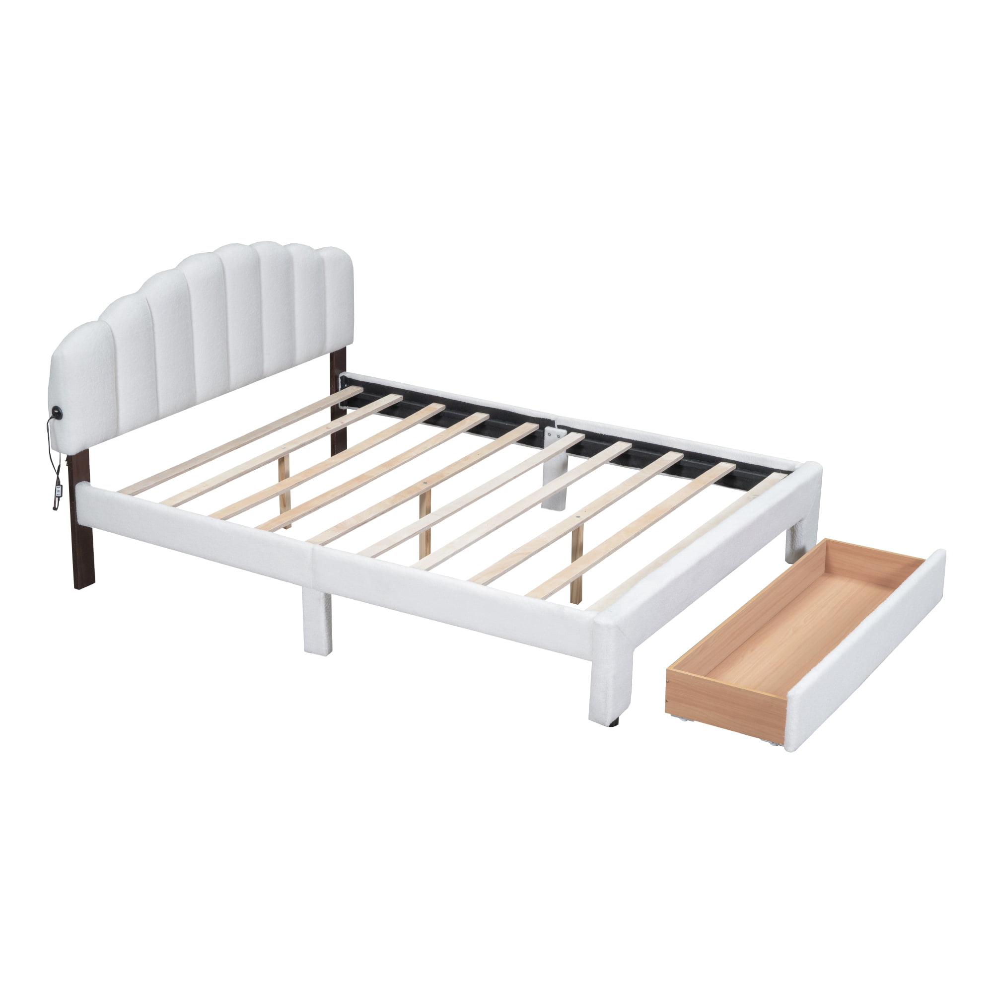 Kacho Queen Size Upholstered Platform Bed, Chic Teddy Fleece Platform Bed with Storage Drawer, Wooden Bedframe with LED Lights and USB Ports, No Box Spring Needed, for Bedroom, Guest Room, White