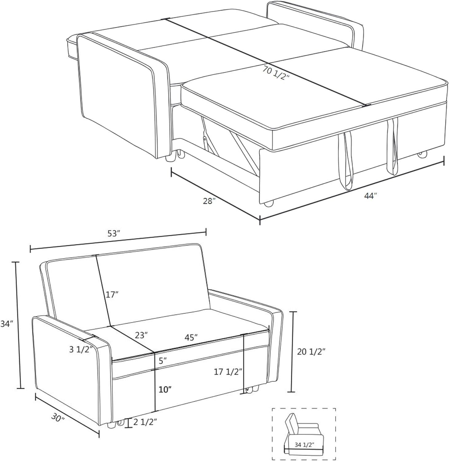 Convertible 3 in 1 Pull Out Sofa Bed Futon Sleeper Sofa Couch Velvet Small Loveseat, Reclining Backrest for Living Room, Grey