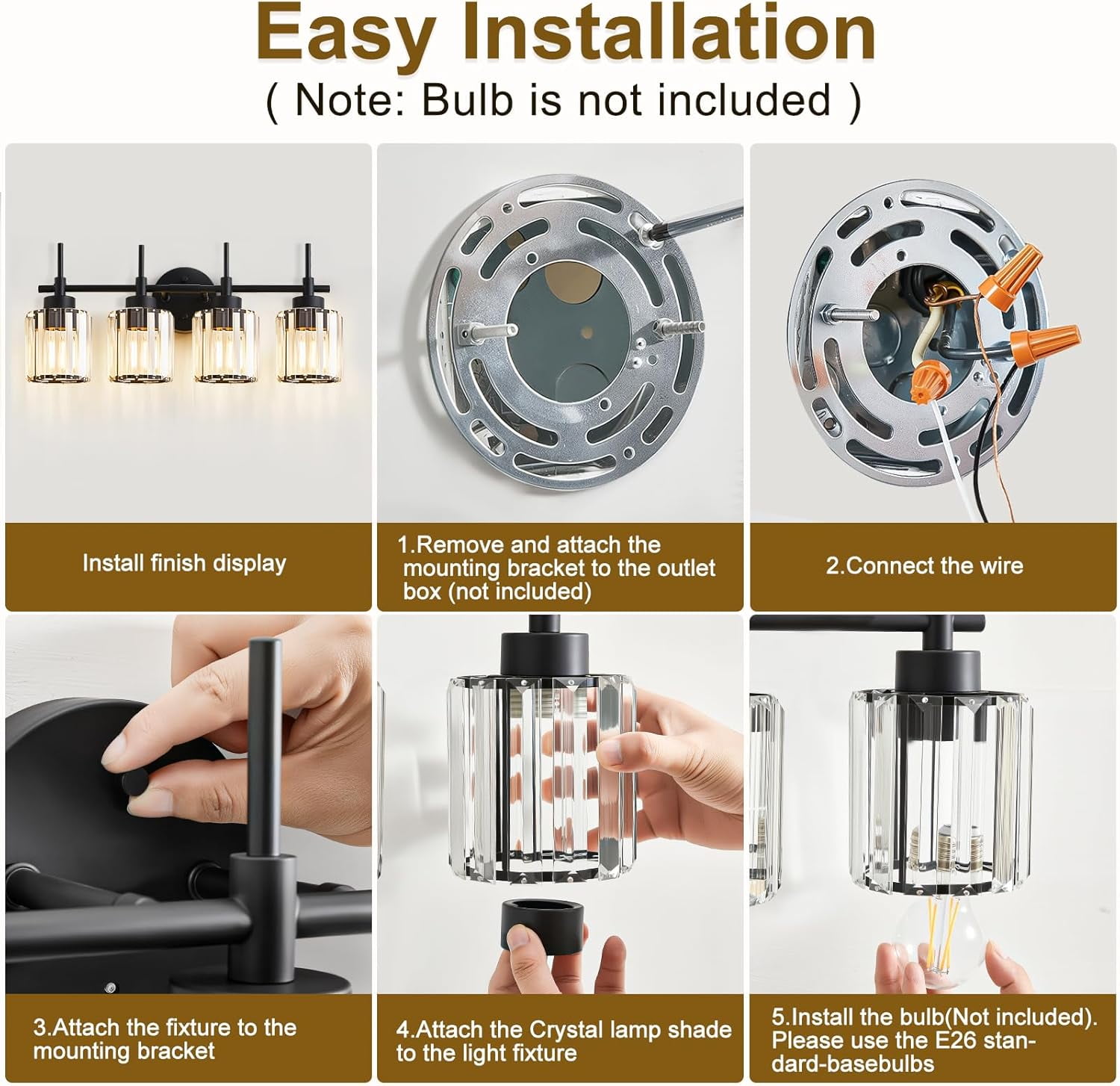 NATYSWAN 4 Light Round Crystal Vanity Lights, Modern Black Crystal Wall Light Bath Mirror Light Fixture Over Mirror Bathroom Wall Sconces for Bathroom Living Room