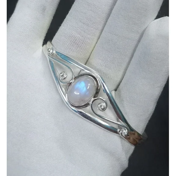 Natural Moonstone Gemstone 925 Sterling Silver Jewelry Cuff Bracelet Size-ADJ