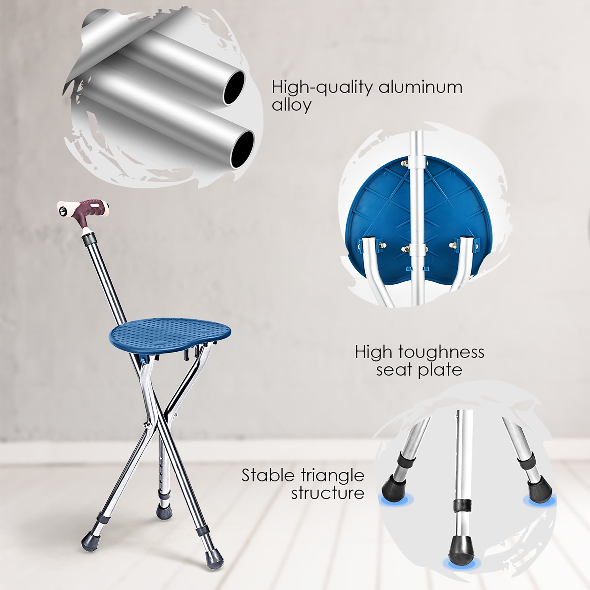 Goplus Adjustable Folding Cane Outdoor Seat Stool Aluminum Alloy Crutch Chair with Light Blue