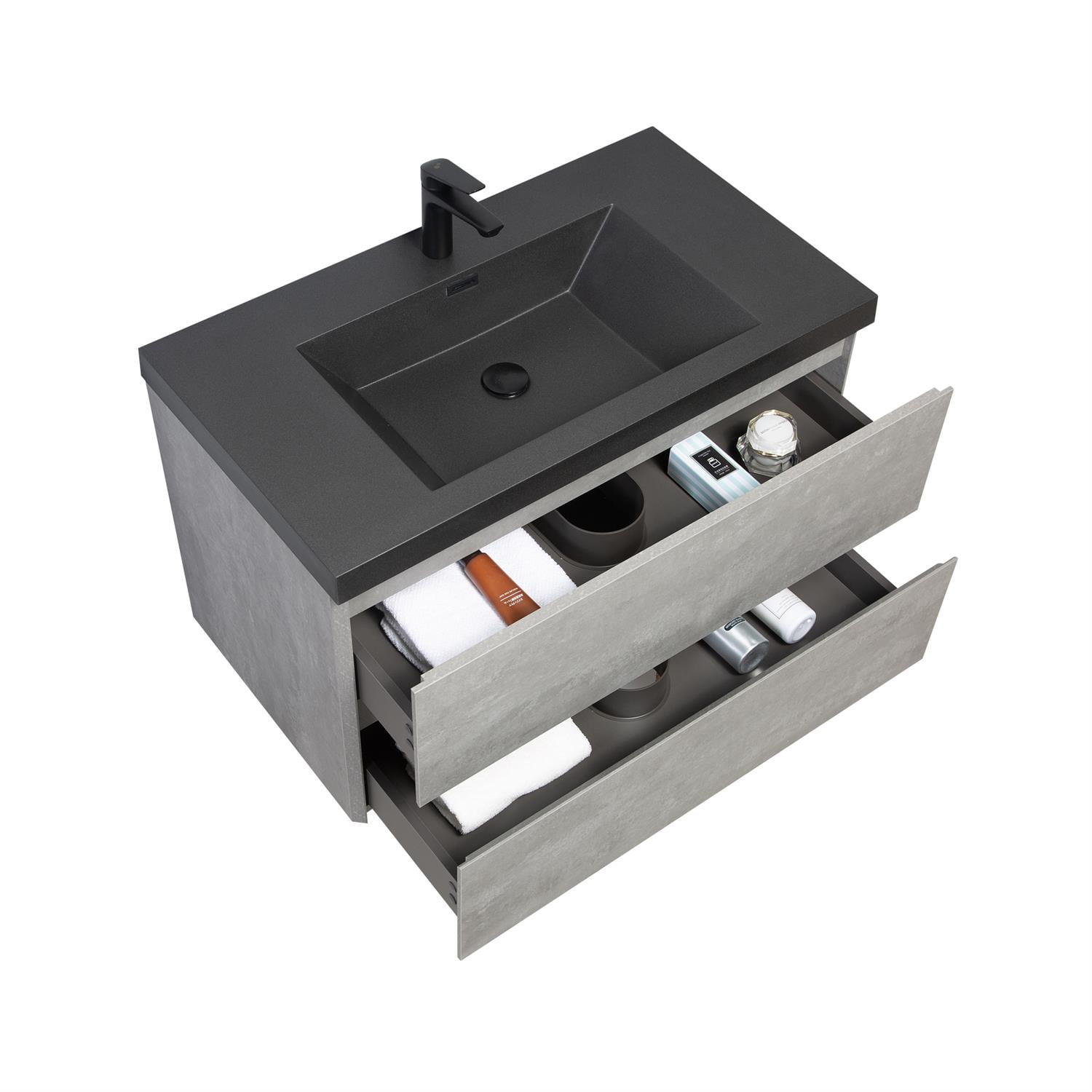 Demi Bonn 35" Floating Bathroom Vanity with Sink, Black Quartz Sand Top Basin and 2 Soft Close Drawers, Faucets and Drains Not Included, Gray