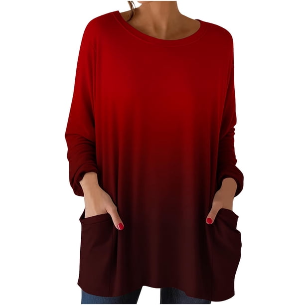 Mujeres de Manga Larga Tops Casual Gradiente Impresión Cuello Redondo Suelto Ajuste con Bolsillo Cómodo