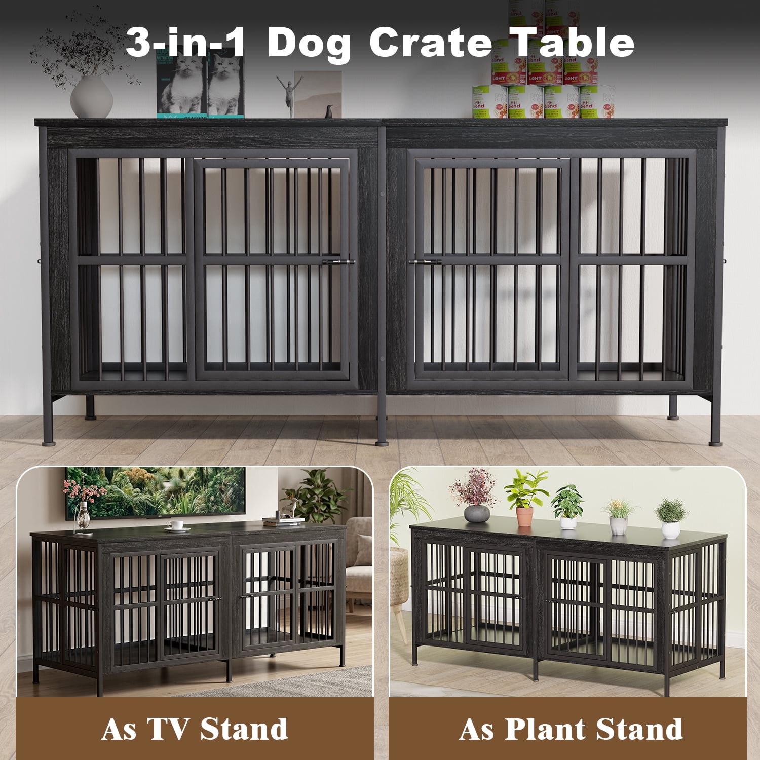 YOKWOK 78 Inch Dog Crate Furniture for Medium/Large Dogs with Removable Divider, Double-Doors Dog Kennel Furniture,Thick Wooden Dog Cage Furniture, Black