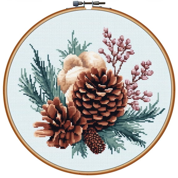 Pinecone and Flower DIY Stamped Cross Stitch Kits for Beginners Easy with Hoop 11CT Needlepoint Embroidery Counted Cross Stitch Kits Art Craft Wall Decoration 30x30cm(1)