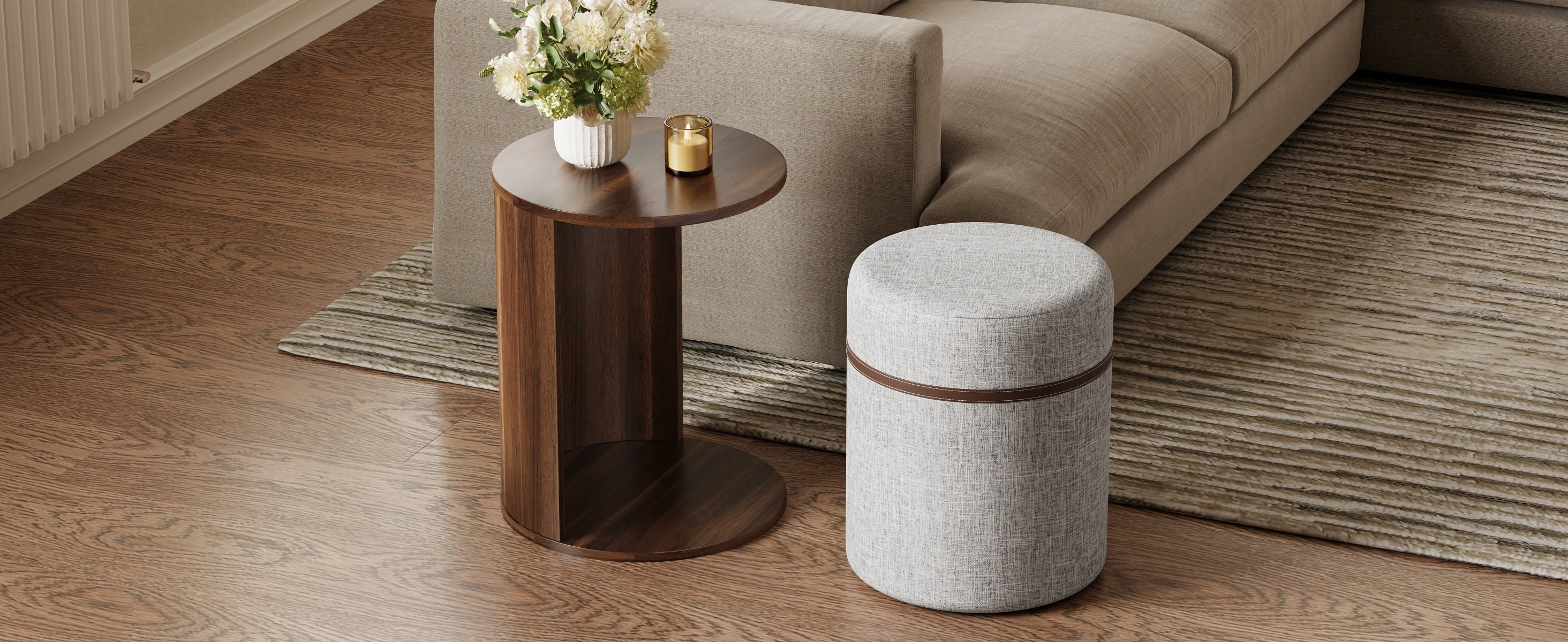 Mintazer 2‑in‑1 Round Side Table with Pull‑Out Linen Storage Stool & Open Magazine Slot, End Table for Sofa Bedroom Small Space, Walnut