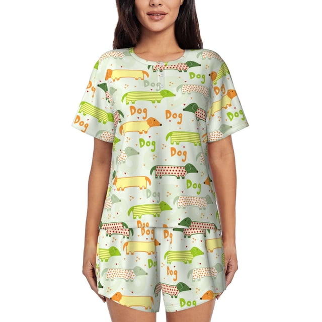 Balery Dachshund Dog Puppy Conjunto de Pijama para Mujer con Estampado, Dos Piezas de Manga Corta y Shorts, Ropa de Dormir Suave con Cuello Redondo y Bolsillos-Medium