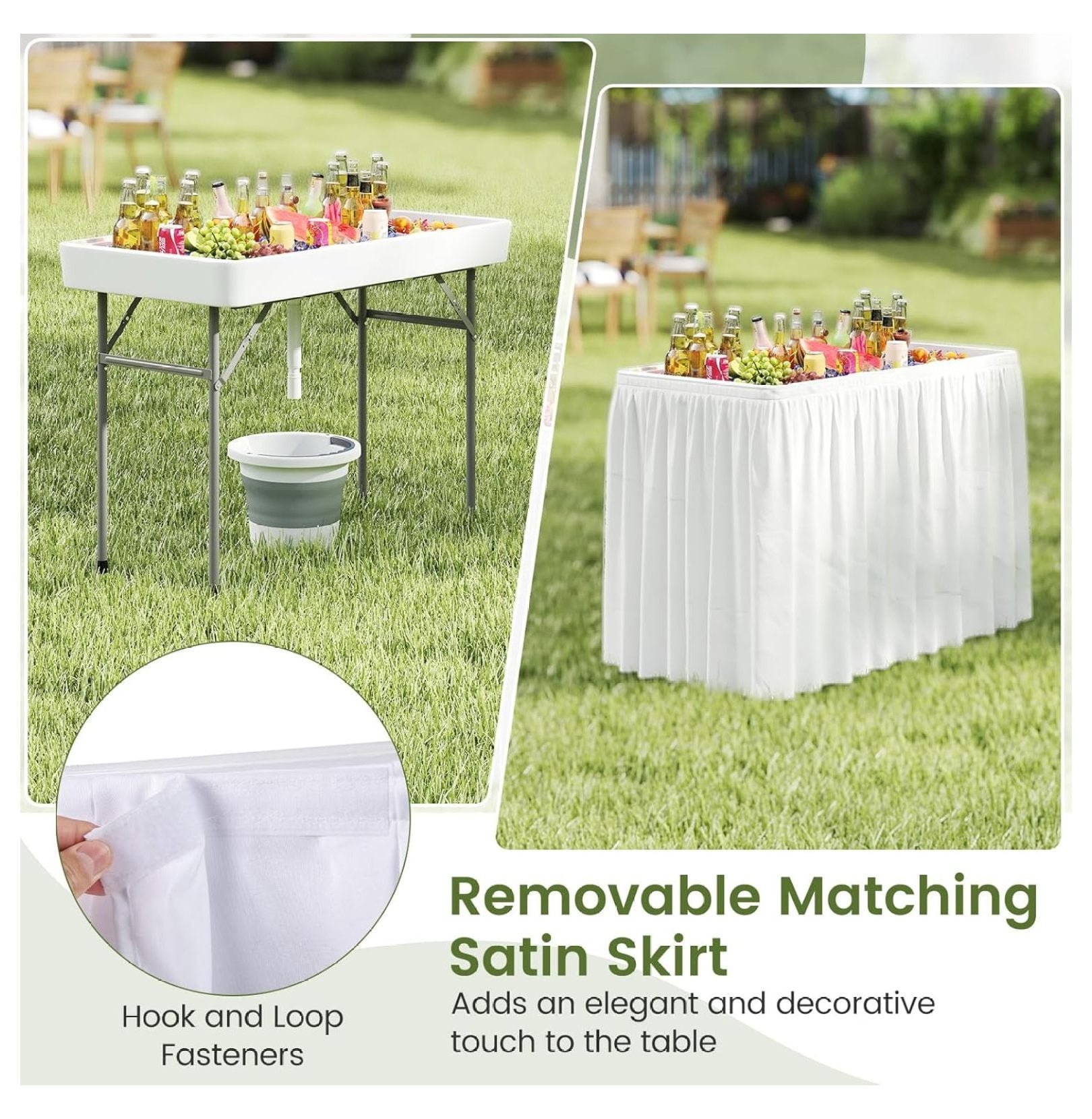 Folding Ice Cooler Table, 4 FT Portable Ice Table with Drain, Matching Skirt & Foldable Bucket, Buffet Beverage Server for Party, Picnic, Camping