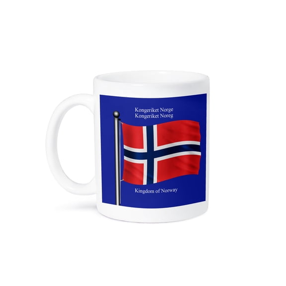 3dRose, The flag of Norway on a blue background with the Kingdom of Norway in English and Norwegian, 15oz Mug
