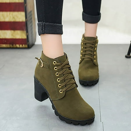 

YOTAMI Womens Shoes Metal Solid Color Round Toe Thick Side Zipper Winter Leather Boots Low-heeled Army Green