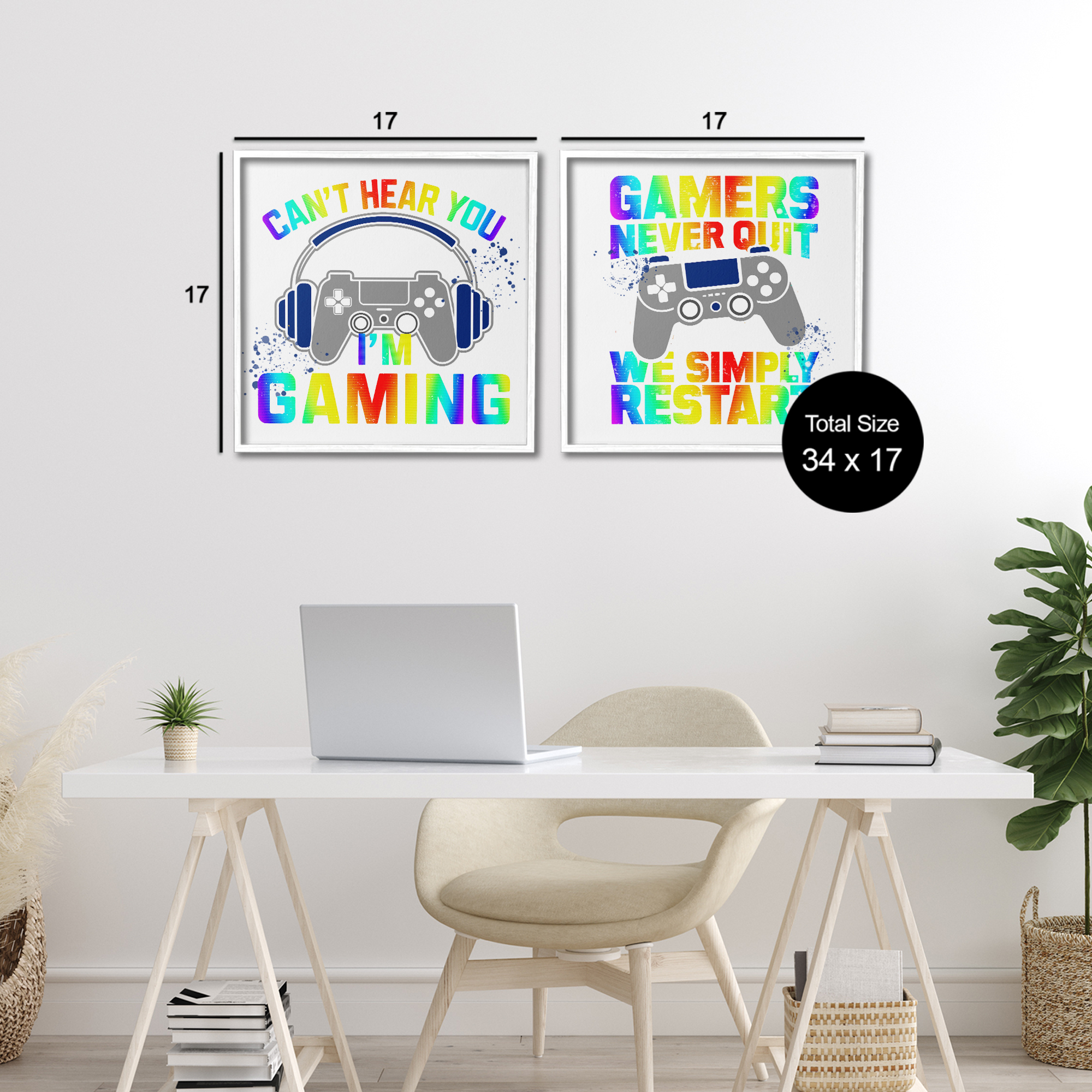 Rainbow Retro Gaming Phrases 2 Piece White Framed Giclee Art Set, design by Kim Allen