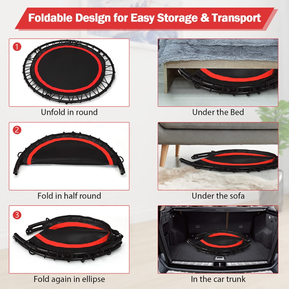 Aimee Lii 40 Inch Foldable Fitness Rebounder with Resistance Bands Adjustable, Trampoline for Kids, Red