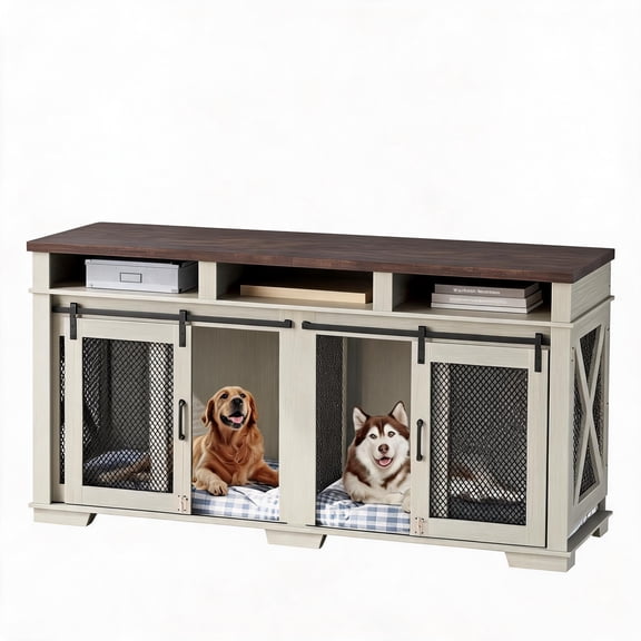Double Dog Crate Furniture, Extra Large Wooden Indoor Kennel with Sliding Doors & Storage