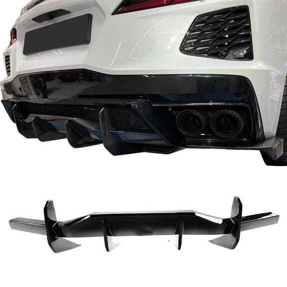 Ikon Motorsports Rear Diffuser Compatible with 2020-2025 Chevy Corvette C8 Stingray/Z51/E-RAY IKON Style Gloss Black ABS Shark Fin Rear Bumper Valance Spoiler Air Dam Chin Splitter Molding