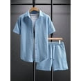 thumbnail image 2 of Men'S Waffle Knit 2-Piece Outfit with Button Down Shirt and Shorts for Summer Royal Blue M, 2 of 8