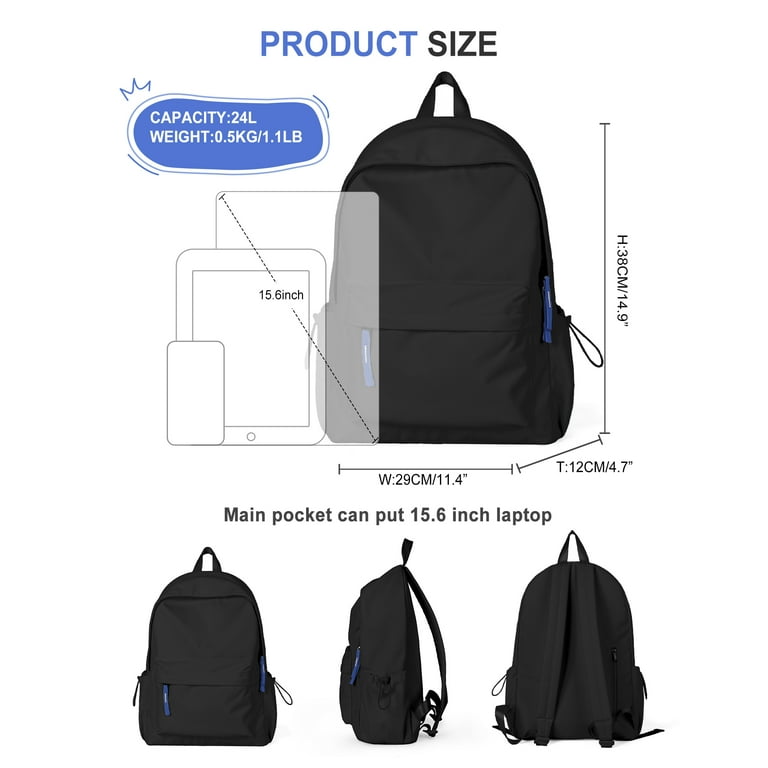 School Backpack Waterproof Black Bookbag College Middle High School Bags For Boys Girls Lightweight Simple Travel Rucksack Casual Daypack Laptop