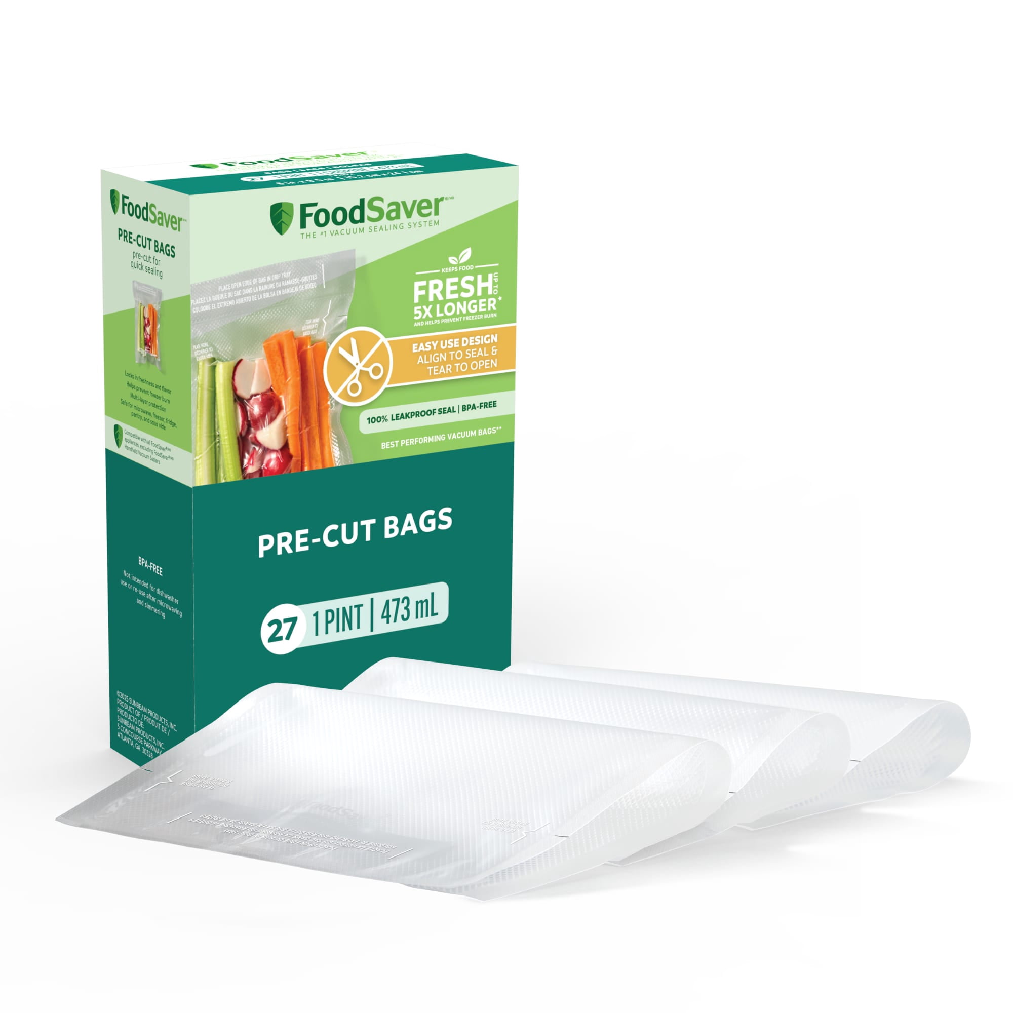 (2 pack) FoodSaver Pint Vacuum Seal Bags, 27 Count Pre-Cut BPA-Free Freezer Bags, Align to Seal & Tear to Open for Food Storage, Sous Vide, and Meal Prep