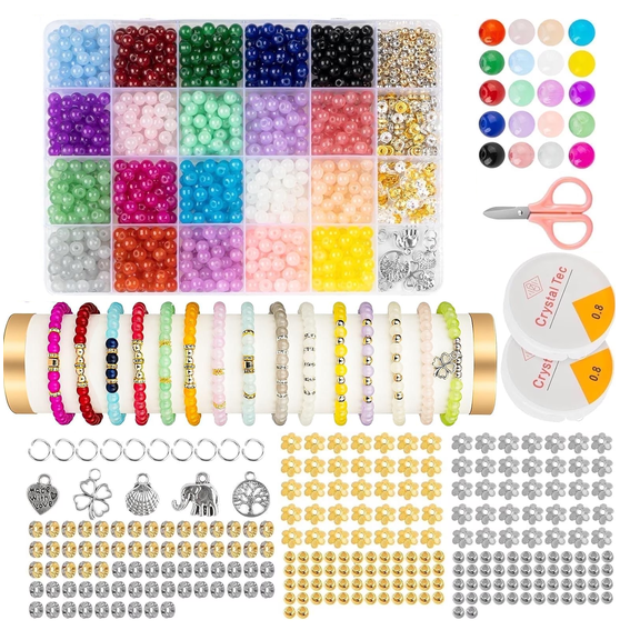 1258pcs 6mm Glass Beads for Jewelry Making, Bracelet Making Kit 24 Style Crystal Beads Round Beads for DIY Crafts with Spacer Beads Charms Accessories