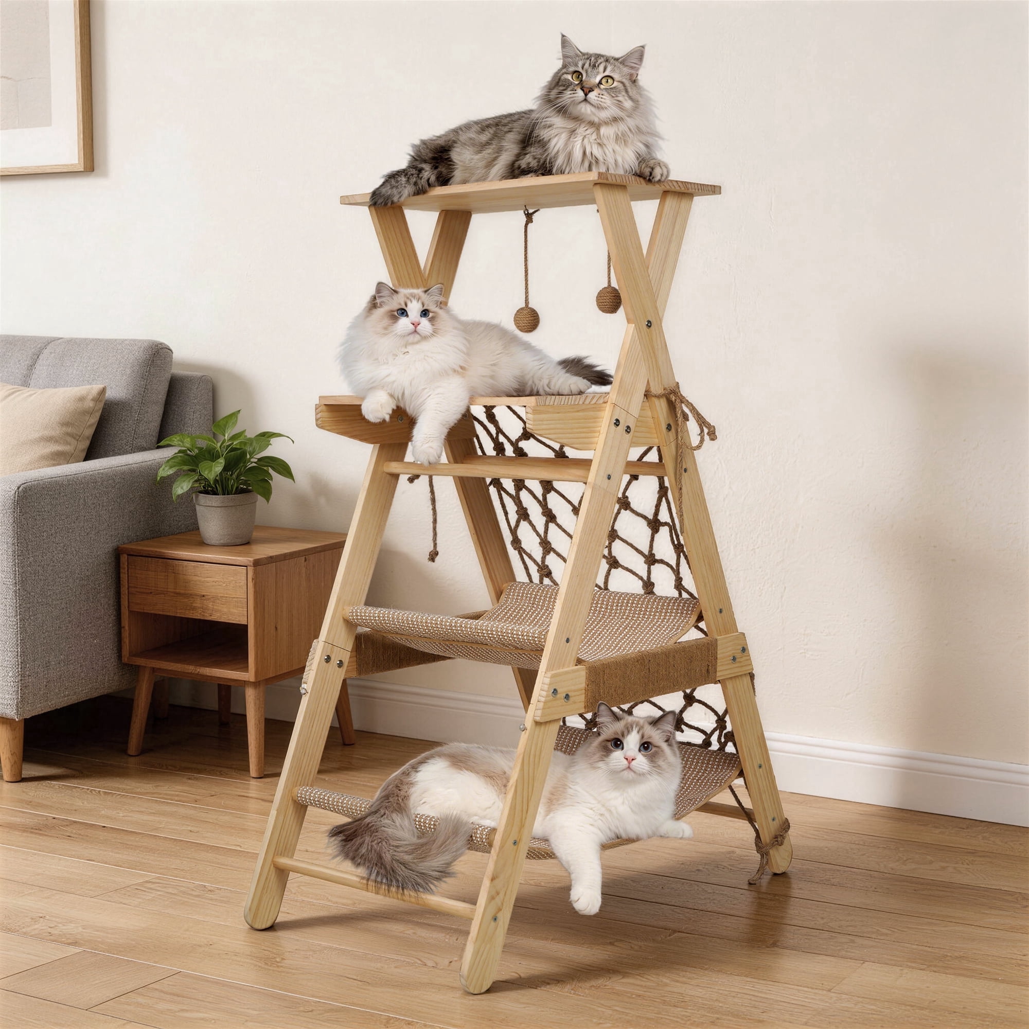 AIWFL Cat Tree Tower for Large Cats, 43.3" Multi-Level Wooden Cat Hammock & Sisal Scratching Posts Cat Condo, Outdoor Indoor Activity Center