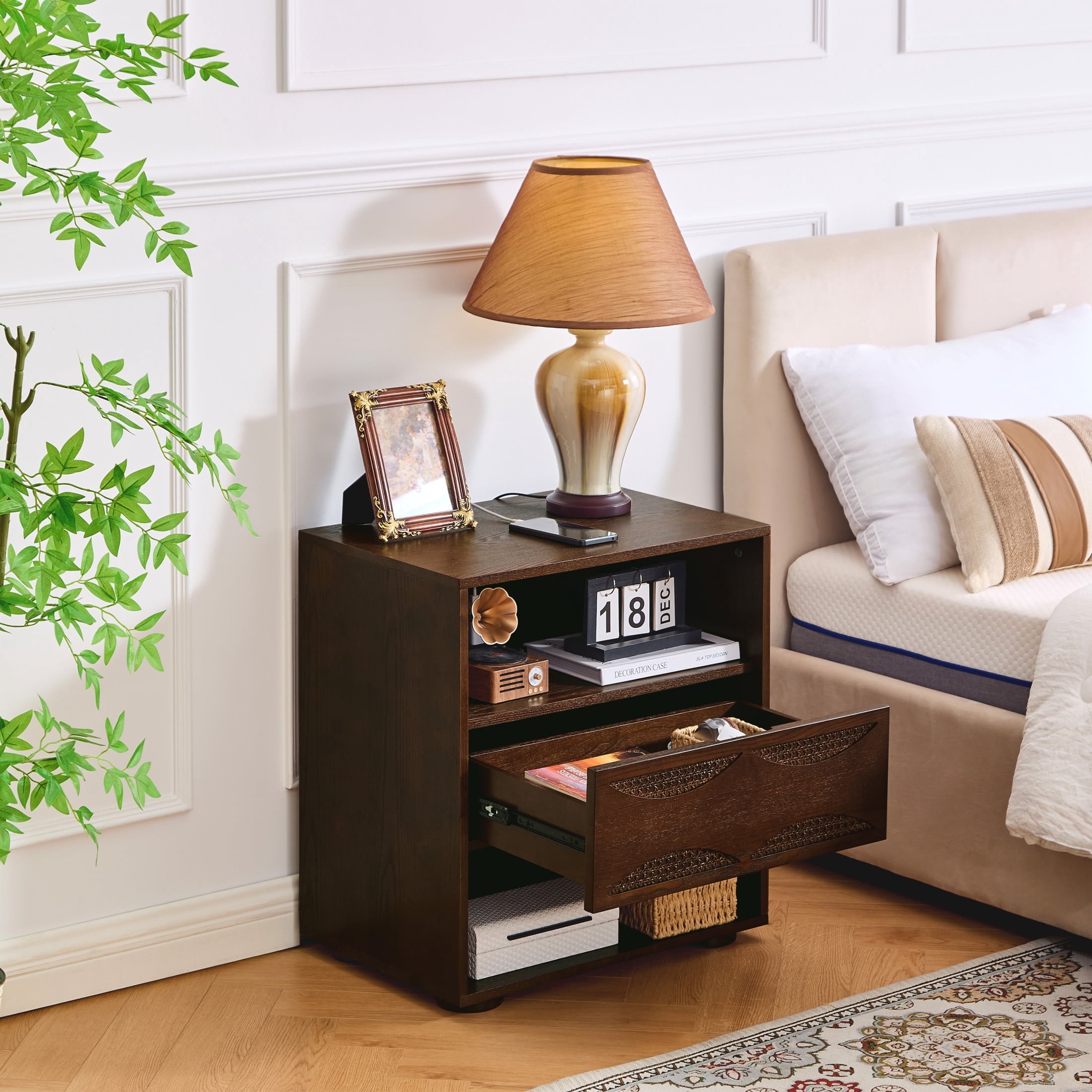 GDF Studio 23.2" Mid Century Modern Rattan Nightstand with Charging Station, Drawer & 2 Open Shelves, Walnut
