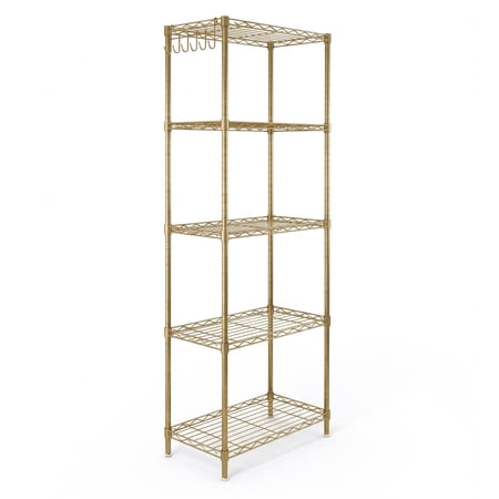 HiiKaa 5-Tier Display Rack with Adjustable Shelves,Gold High-Gloss Powder-Coated Iron Shelving Unit,Pin-Style Deformable Structure, Adjustable Feet,21" x 11" x 59",for Living Room Retail Home Office