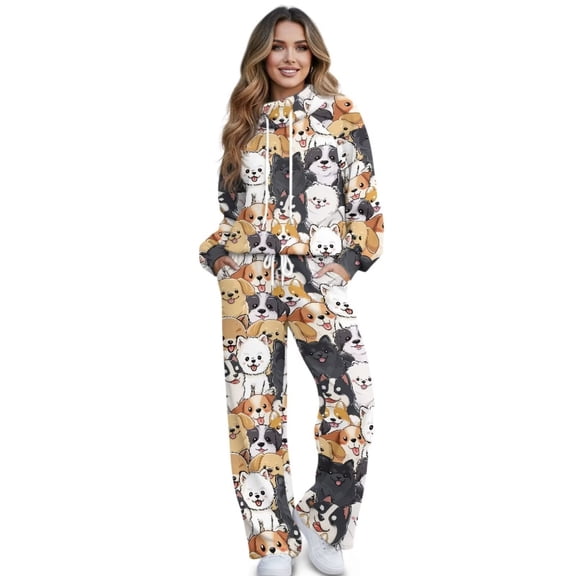 Xixirimido Cute Cartoon Dogs Print Women's Sweatsuits 2 Piece Outfit Fall Fashion Airport Lounge Sets Long Sleeve Sweatshirt Wide Leg Sweatpants Plus Size Tracksuit, Large