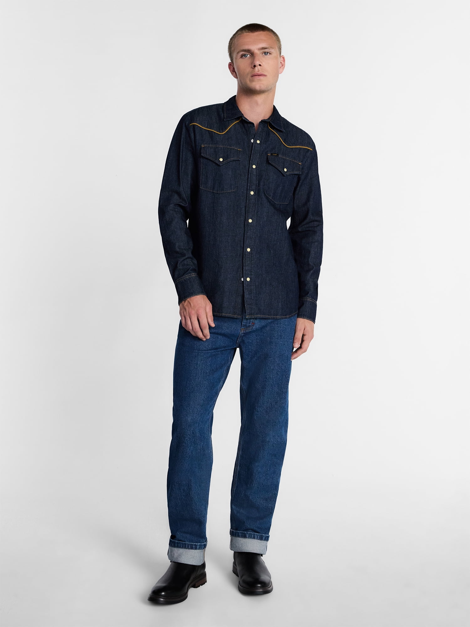 Kacey Lee Men's Western Denim Shirt with Long Sleeves, Sizes S-2XL