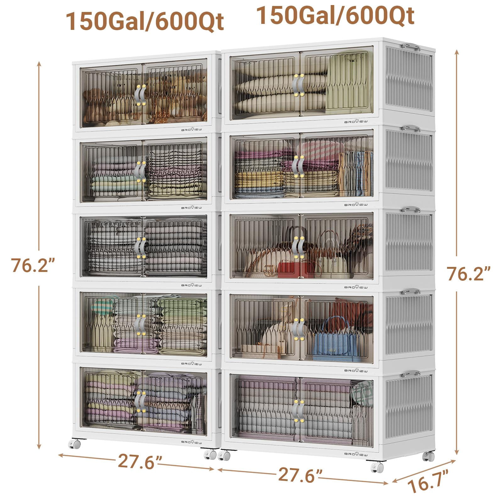 Broview 300Gal Large Stackable Storage Bins with Lid & Doors, 1200QT Folding Closet Organizers with 8x Wheels, Plastic Containers With Drawers, Collapsible Cabinets Boxes for Home, 10Pack White, V8