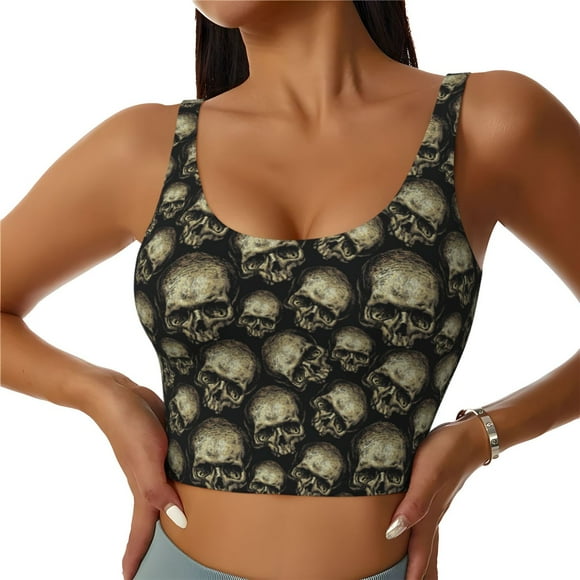 Saiise Soutien-Gorge de Sport Rétro Imprimé Crâne pour Femmes, Soutien-Gorge de Course Dos Nageur Débardeur de Sport Long Rehausseur-Grand