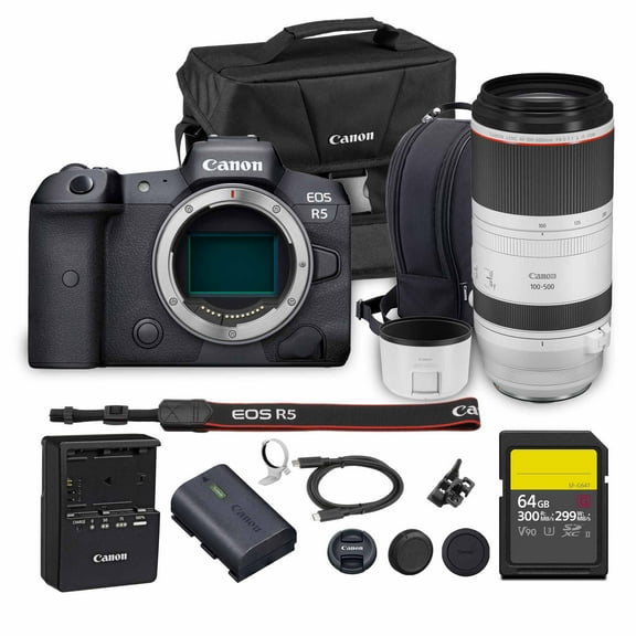 Canon EOS R5 Mirrorless Camera | 45MP Full Frame Sensor 8K Video | In-Body Image Stabilization and Dual Pixel AF for Hybrid Creators (4147C002)   Canon RF 100-500mm Lens   64GB Card   Bag