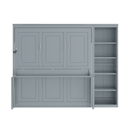 Queen Size Murphy Bed with Desk and Bookshelf, Space-Saving Solid Pine Wood Cabinet Bed, No Box Spring Needed, Gray