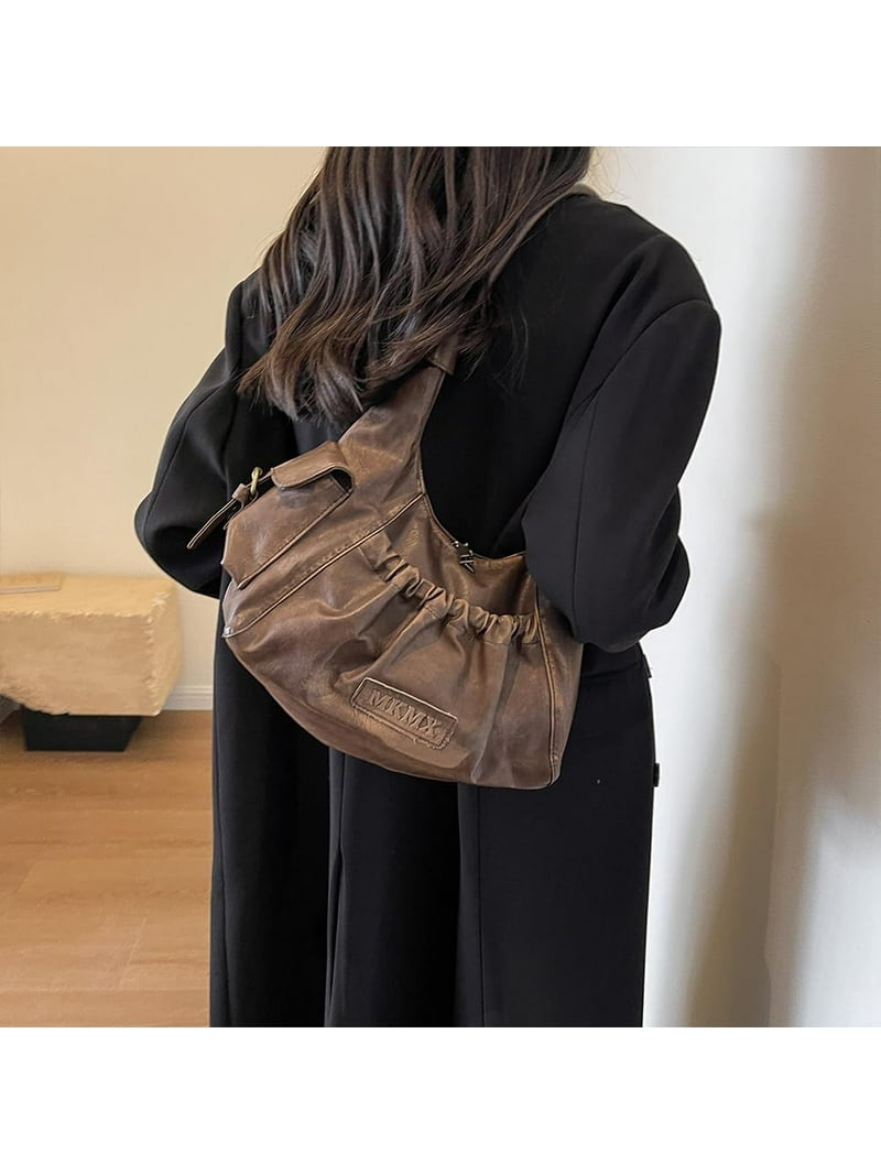 JUYGO Hobo Bag Washed Leather Tote Bag Retro Crescent