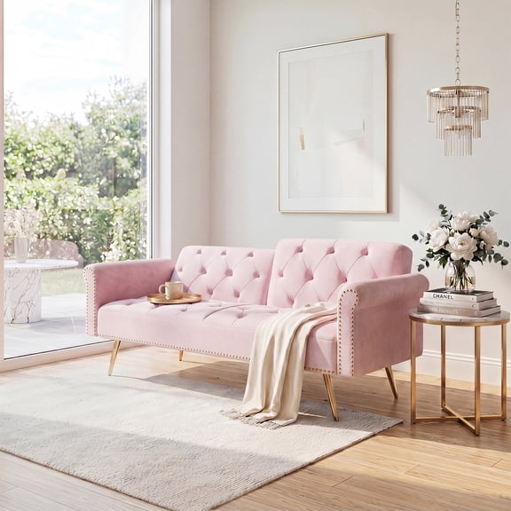 69.7 Inch Pink Velvet Convertible Sofa Bed, Nailhead Trim Loveseat Couch with Gold Metal Legs, 2-Seater Sleeper Sofa with Throw Pillow for Small Apartment