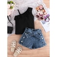 thumbnail image 4 of BemeyourBBs Toddler Baby Girls Summer Outfits Denim 2 Pieces Outfit Baby Girl Summer Clothes Sleeveless One Shoulder Ruffle Tank Vest Tops and Jeans Shorts Set with Belt, 4 of 9