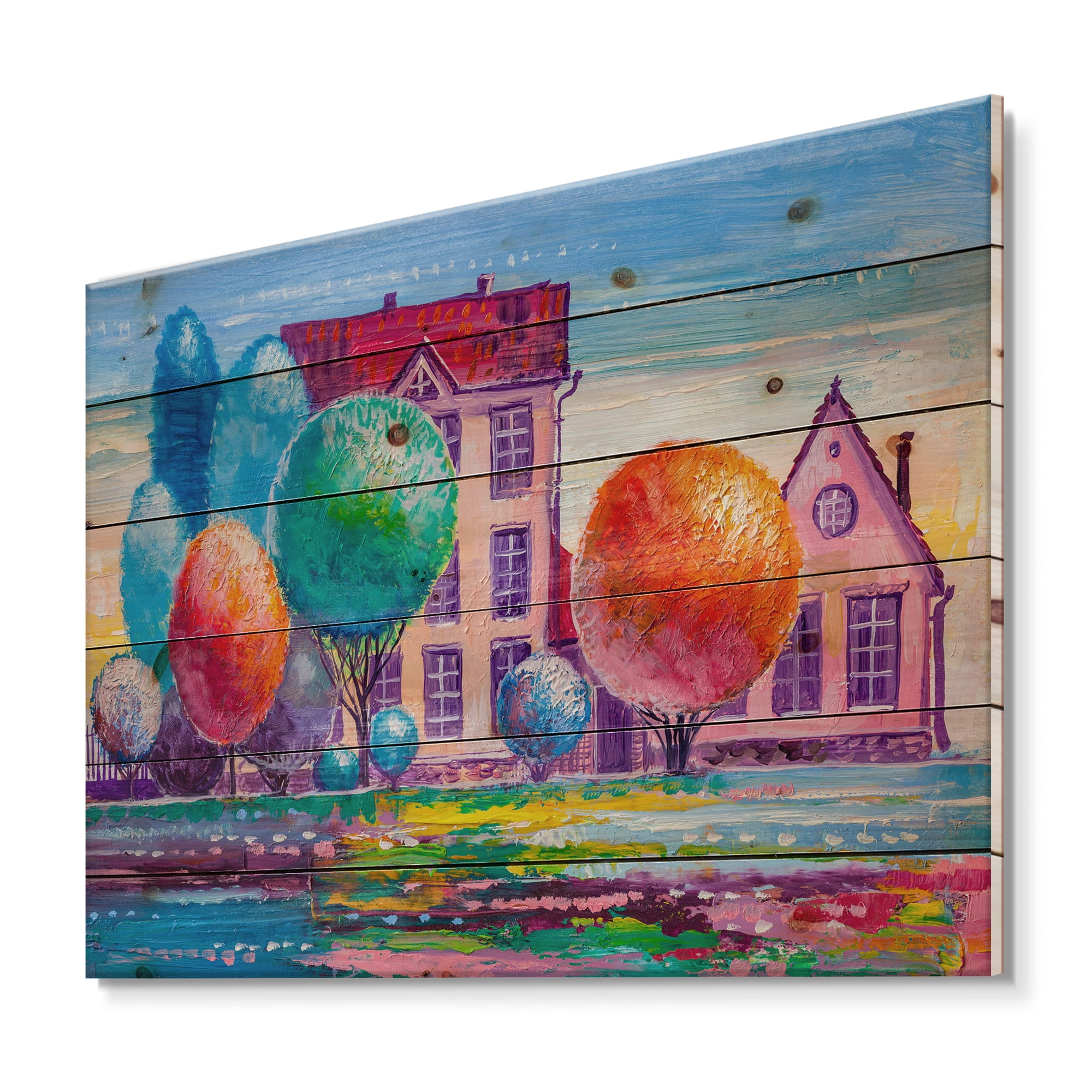 Designart 'Abstract Daydream House In The VIllage' Traditional Print on Natural Pine Wood