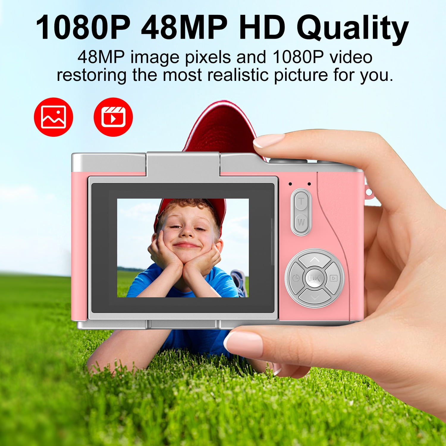 AndHot Digital Camera Kids Camera FHD 1080P 48MP Vlogging Camera with 180°Flip Screen 16X Zoom,Portable Digital Video Cameras Travel Compact Camera Autofocus with 32GB Card for Home or Travel(Pink)