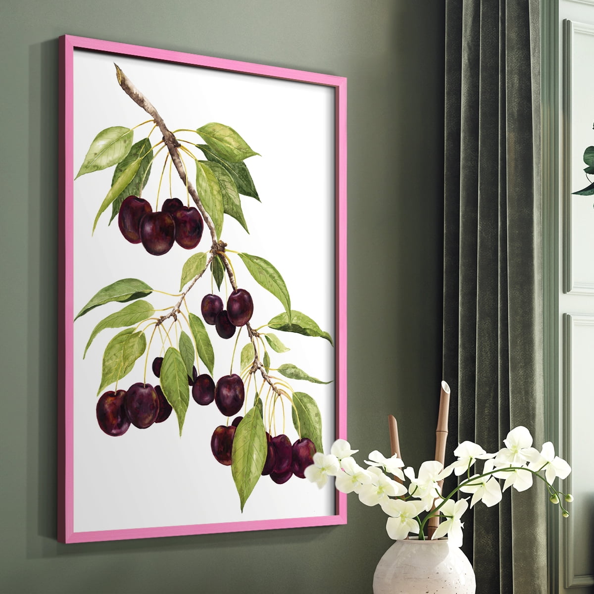 Watercolor Cherries Framed Print in Pink Solid Wood 11 x 14 Framed Print