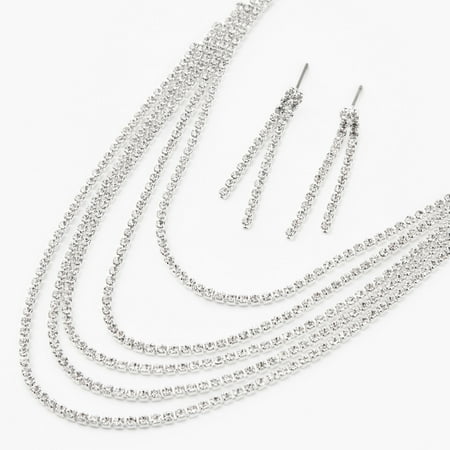 Claire's Women's Silver Rhinestone Flapper Fringe Jewelry Set, 3 Pieces