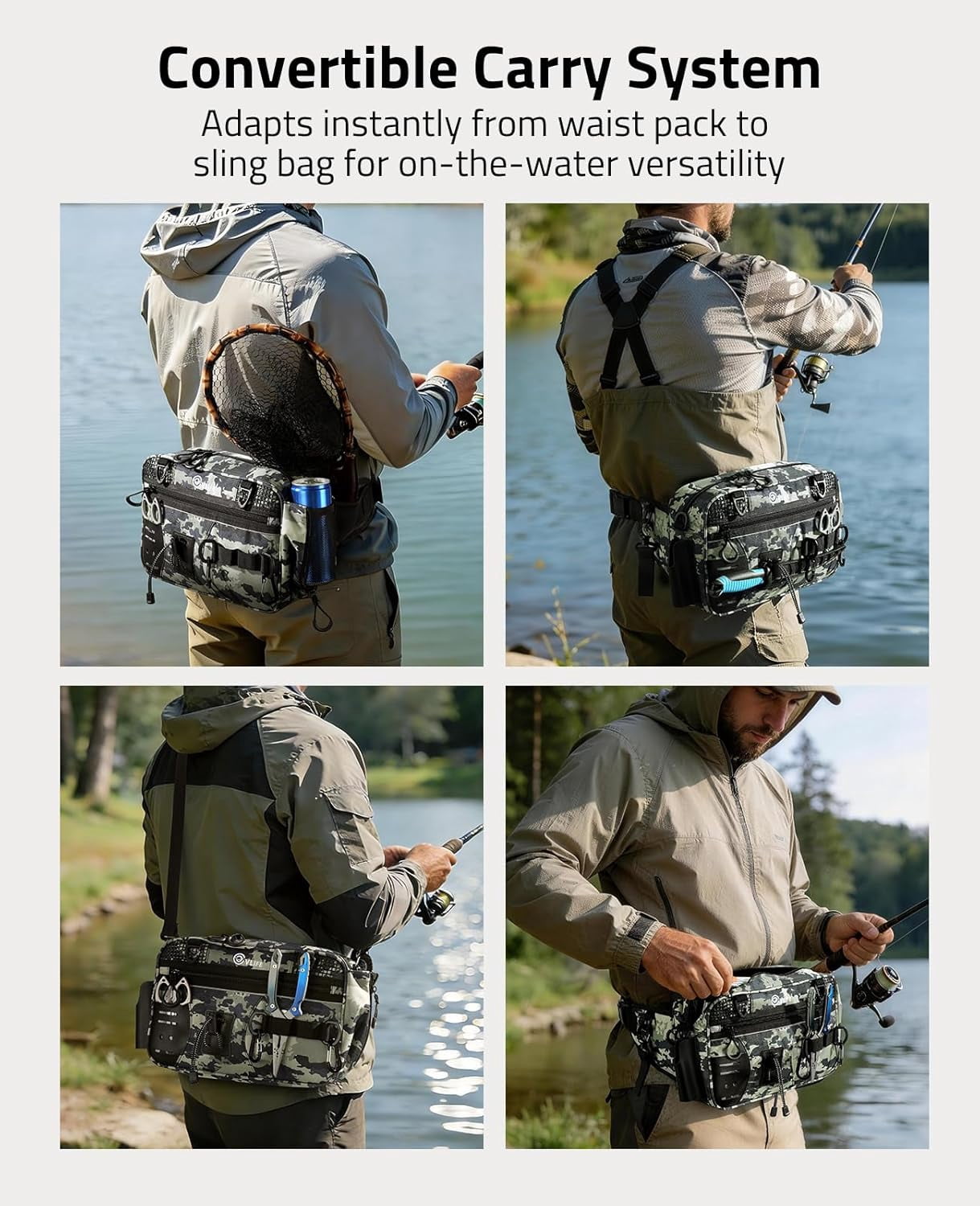 Fishing Tackle Bag Waist Pack with Rod Holder, Water Resistant Fanny Pack Includes 3600 Tackle Box, Waterproof Pouch & Carabiners