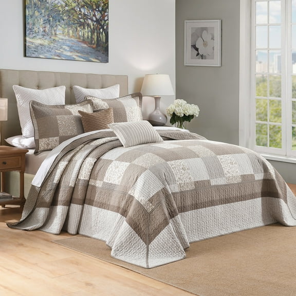 DDUOXIN 100% Cotton Oversized King Bedspread, 120 X 120 California King Plaid Comforter, Lightweight Farmhouse Quilt Reversible Coverlet, Gray Beige Brown Bedding Set, 3 - Piece for All Season