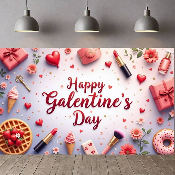 Red Hearts Galentine Banner Gold Stars BFF Display Lipstick Design Gift Box Pattern Friendship Backdrop for Galentine's Day Party BFF Gathering Girls' Night