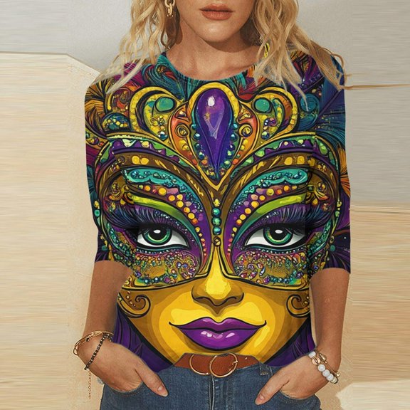 YOIAVAIOY Womens Lightweight Mardi Gras Shirts3/4 Sleeve Tee Shirt Crew Neck Holiday T Shirts Carnival Party Tops Yellow XXXL