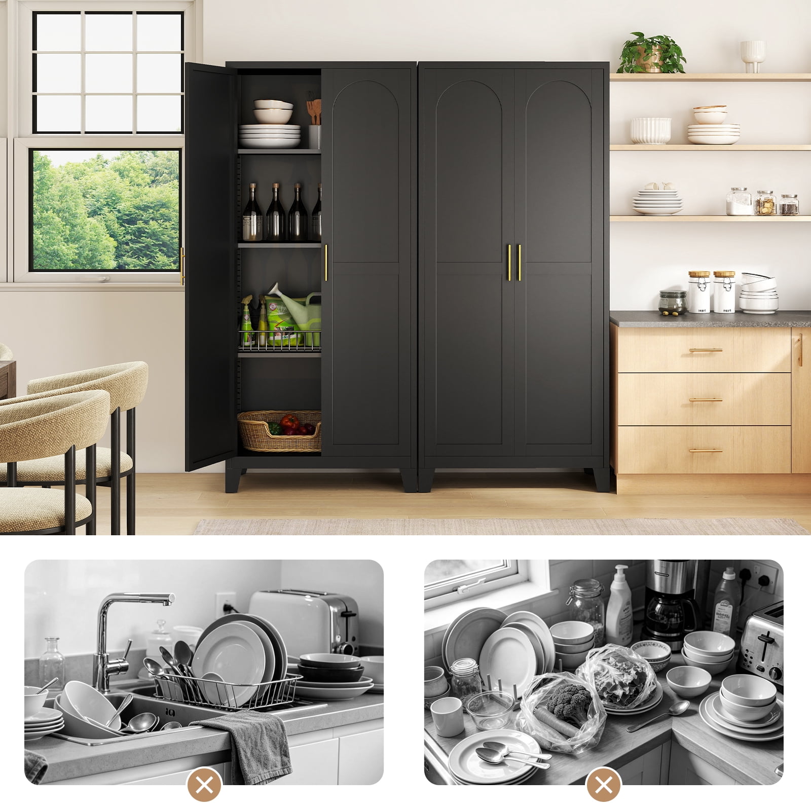 LIZEVINC 61.2in Pantry Cabinet, Metal Shapely Doors Cabinet with Doors and Adjustable Shelves, Food Pantry Cabinet for Kitchen,Dinning Room- Assembly Required(Black)