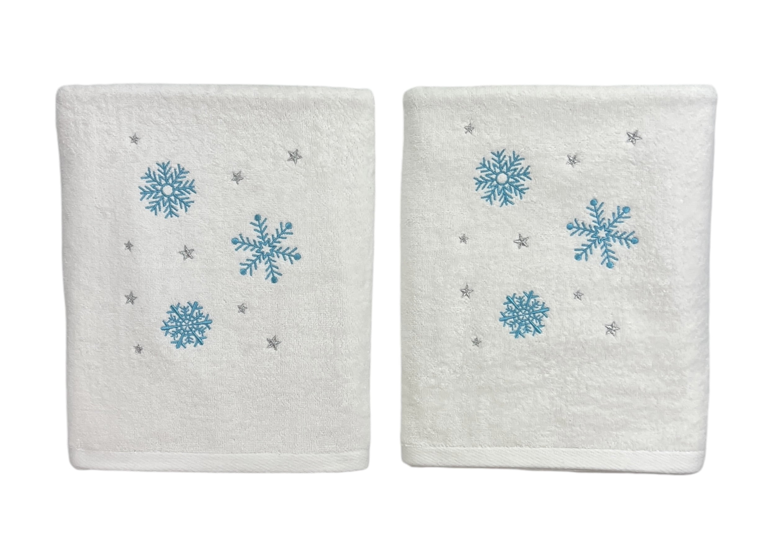 Serafina Home Luxury Holiday Winter Snowflake Bath Towels, Embroidered Flurry of Snowflakes Plush Velour Terry 100% Cotton, Set of 2, Measures 54" x 27"