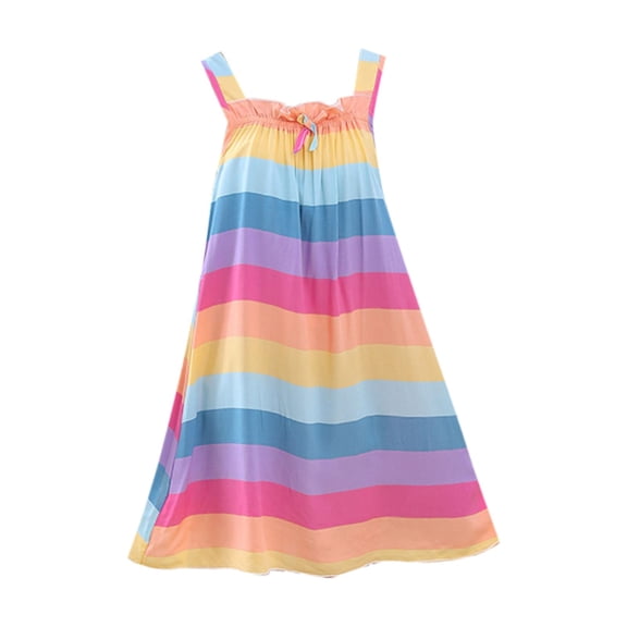 Otqutp Girls Dresses Summer Color Block Rainbow Sleeveless Sundress Striped Cute Ruffle Midi Dress Loose Casual Dress